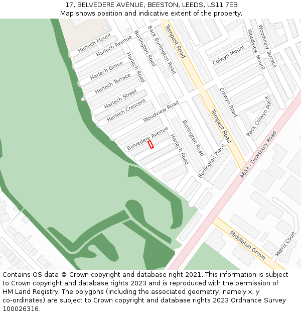 17, BELVEDERE AVENUE, BEESTON, LEEDS, LS11 7EB: Location map and indicative extent of plot