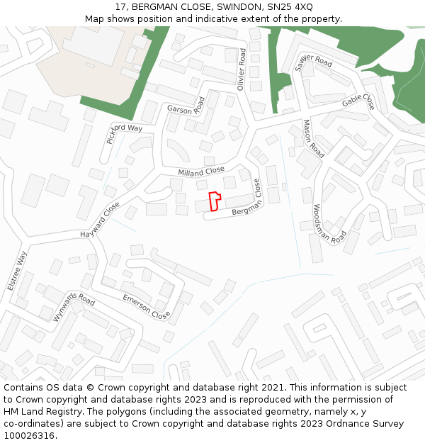 17, BERGMAN CLOSE, SWINDON, SN25 4XQ: Location map and indicative extent of plot
