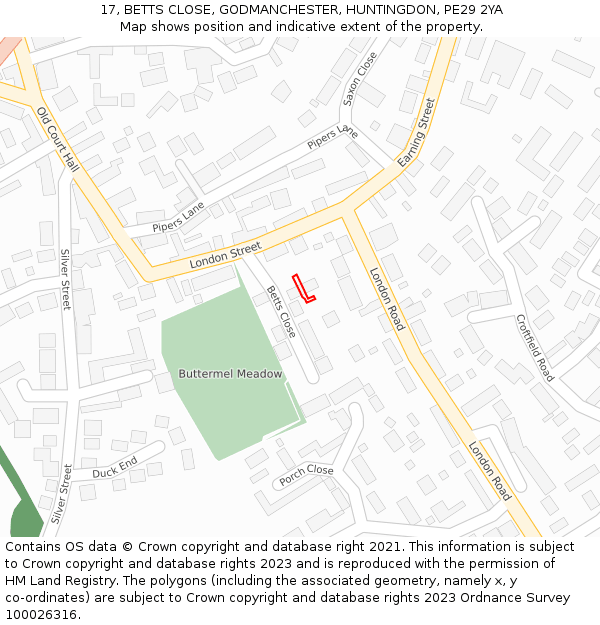 17, BETTS CLOSE, GODMANCHESTER, HUNTINGDON, PE29 2YA: Location map and indicative extent of plot