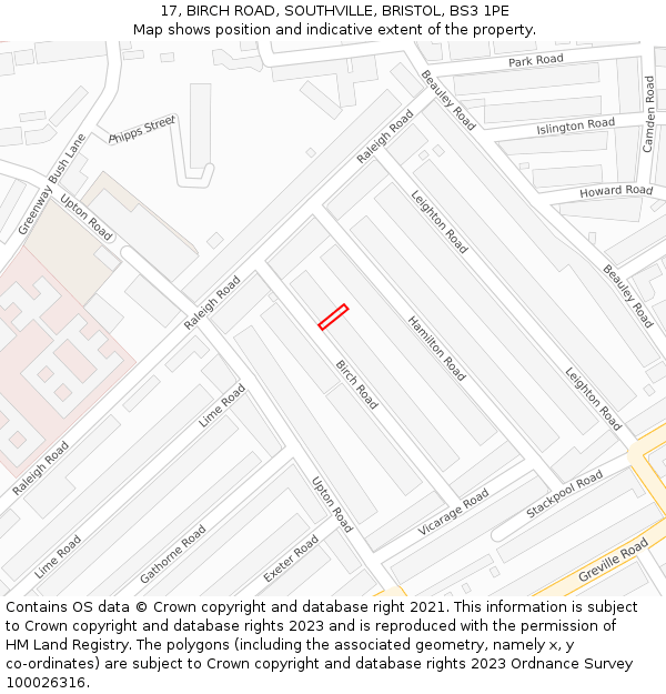 17, BIRCH ROAD, SOUTHVILLE, BRISTOL, BS3 1PE: Location map and indicative extent of plot
