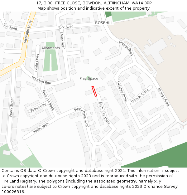 17, BIRCHTREE CLOSE, BOWDON, ALTRINCHAM, WA14 3PP: Location map and indicative extent of plot