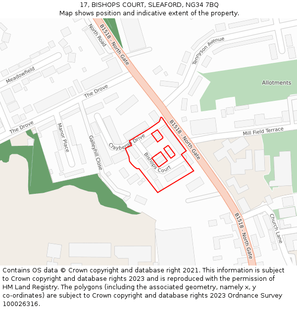17, BISHOPS COURT, SLEAFORD, NG34 7BQ: Location map and indicative extent of plot