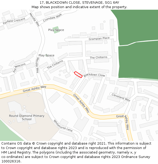 17, BLACKDOWN CLOSE, STEVENAGE, SG1 6AY: Location map and indicative extent of plot