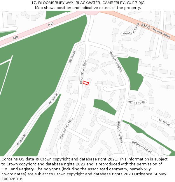 17, BLOOMSBURY WAY, BLACKWATER, CAMBERLEY, GU17 9JG: Location map and indicative extent of plot