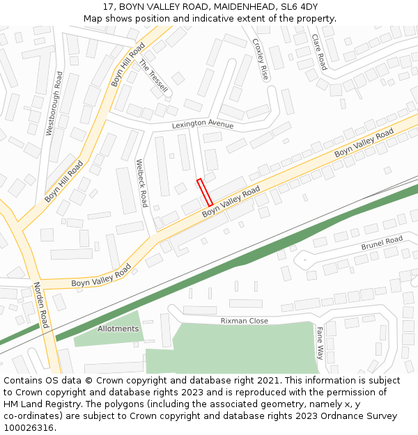 17, BOYN VALLEY ROAD, MAIDENHEAD, SL6 4DY: Location map and indicative extent of plot