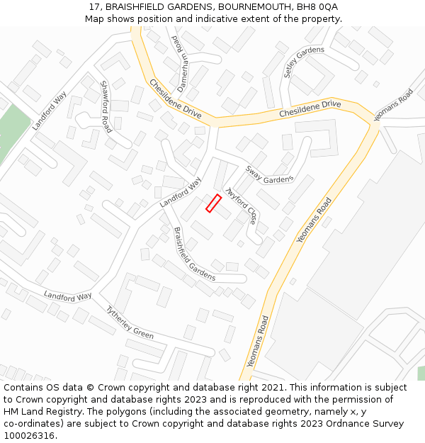 17, BRAISHFIELD GARDENS, BOURNEMOUTH, BH8 0QA: Location map and indicative extent of plot