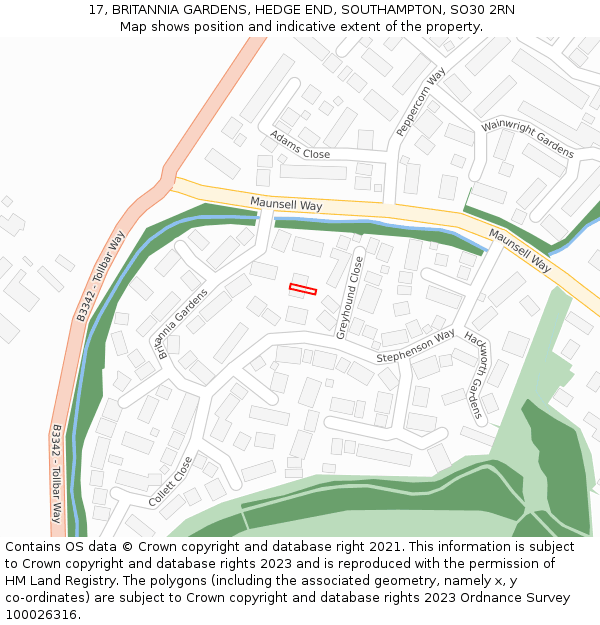 17, BRITANNIA GARDENS, HEDGE END, SOUTHAMPTON, SO30 2RN: Location map and indicative extent of plot