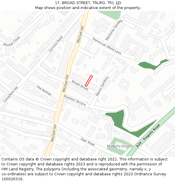 17, BROAD STREET, TRURO, TR1 1JD: Location map and indicative extent of plot