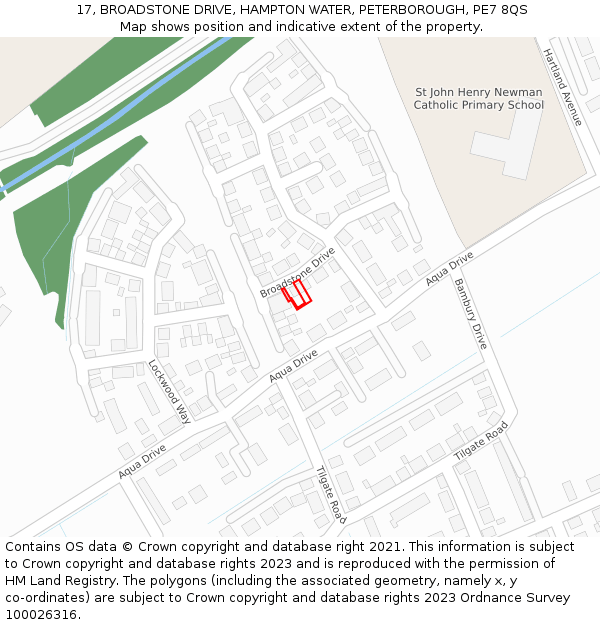17, BROADSTONE DRIVE, HAMPTON WATER, PETERBOROUGH, PE7 8QS: Location map and indicative extent of plot