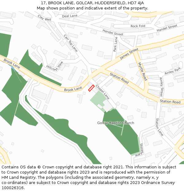 17, BROOK LANE, GOLCAR, HUDDERSFIELD, HD7 4JA: Location map and indicative extent of plot