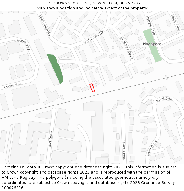 17, BROWNSEA CLOSE, NEW MILTON, BH25 5UG: Location map and indicative extent of plot