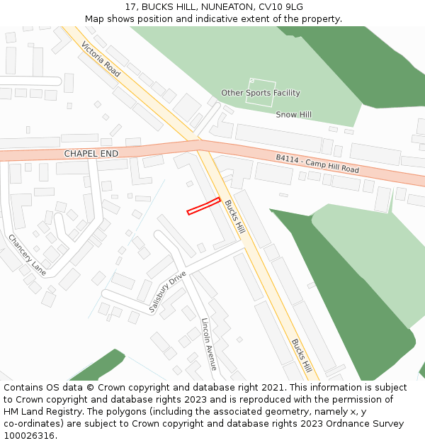 17, BUCKS HILL, NUNEATON, CV10 9LG: Location map and indicative extent of plot