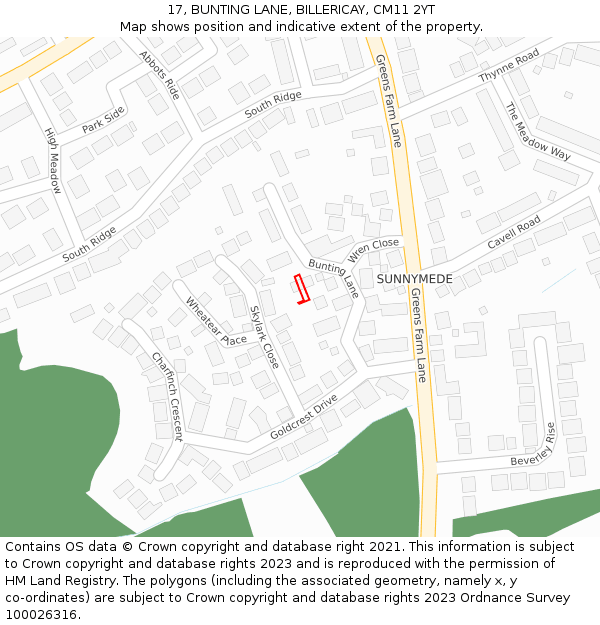 17, BUNTING LANE, BILLERICAY, CM11 2YT: Location map and indicative extent of plot