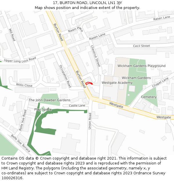 17, BURTON ROAD, LINCOLN, LN1 3JY: Location map and indicative extent of plot