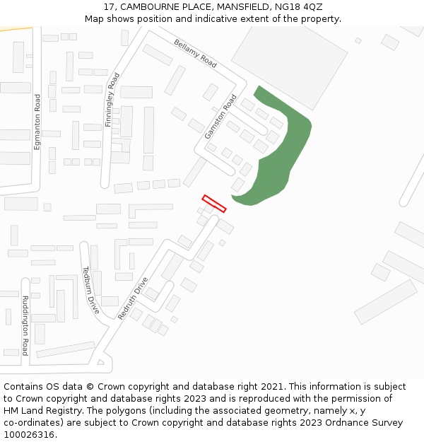 17, CAMBOURNE PLACE, MANSFIELD, NG18 4QZ: Location map and indicative extent of plot