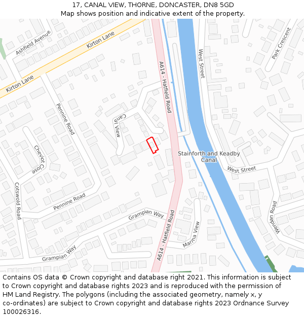 17, CANAL VIEW, THORNE, DONCASTER, DN8 5GD: Location map and indicative extent of plot