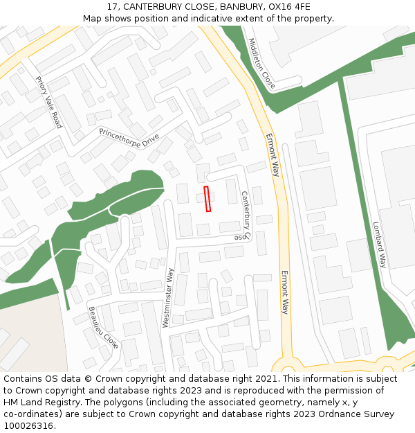 17, CANTERBURY CLOSE, BANBURY, OX16 4FE: Location map and indicative extent of plot