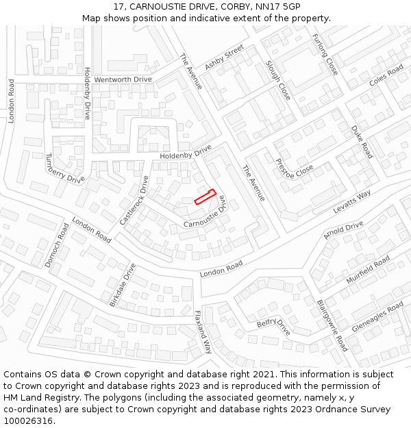 17, CARNOUSTIE DRIVE, CORBY, NN17 5GP: Location map and indicative extent of plot