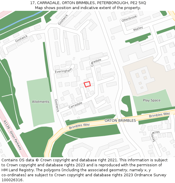 17, CARRADALE, ORTON BRIMBLES, PETERBOROUGH, PE2 5XQ: Location map and indicative extent of plot