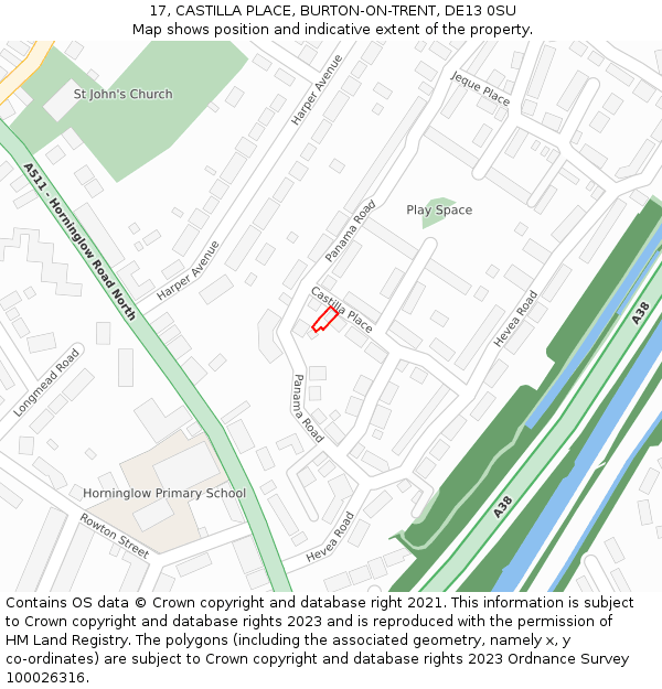 17, CASTILLA PLACE, BURTON-ON-TRENT, DE13 0SU: Location map and indicative extent of plot