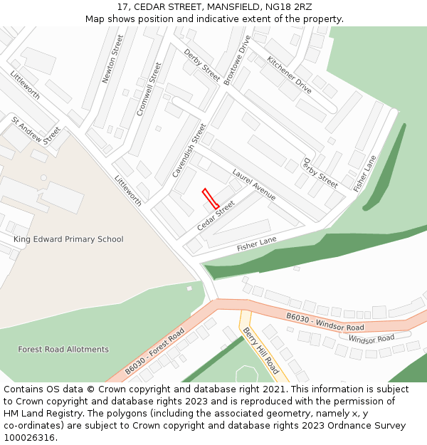 17, CEDAR STREET, MANSFIELD, NG18 2RZ: Location map and indicative extent of plot