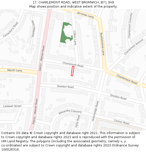 17, CHARLEMONT ROAD, WEST BROMWICH, B71 3HX: Location map and indicative extent of plot