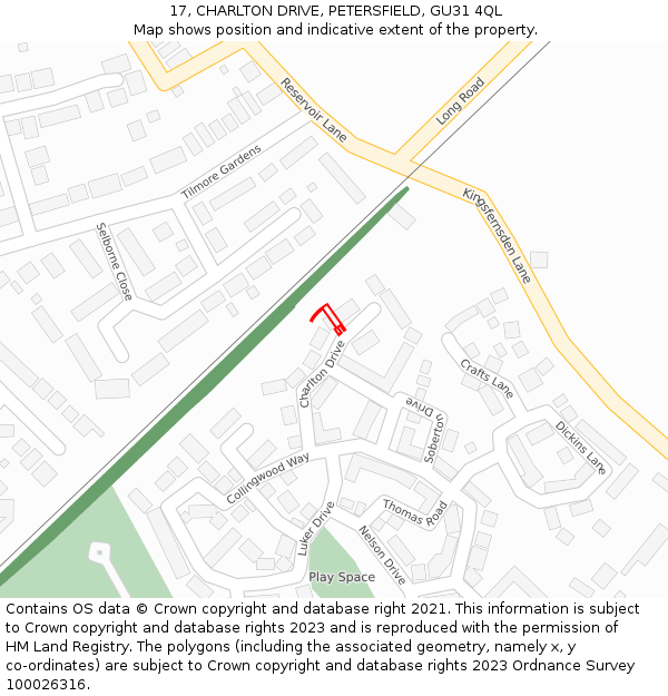 17, CHARLTON DRIVE, PETERSFIELD, GU31 4QL: Location map and indicative extent of plot