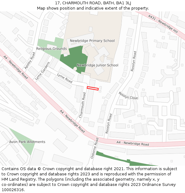 17, CHARMOUTH ROAD, BATH, BA1 3LJ: Location map and indicative extent of plot