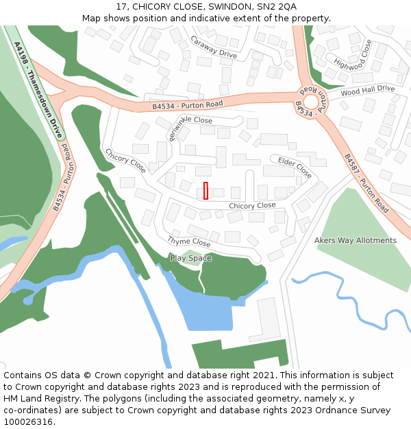 17, CHICORY CLOSE, SWINDON, SN2 2QA: Location map and indicative extent of plot