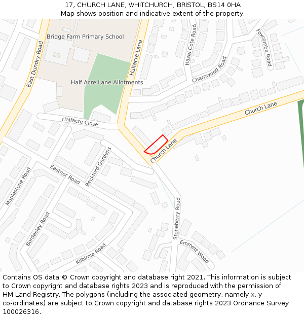 17, CHURCH LANE, WHITCHURCH, BRISTOL, BS14 0HA: Location map and indicative extent of plot