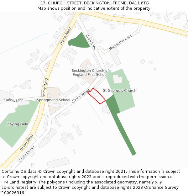 17, CHURCH STREET, BECKINGTON, FROME, BA11 6TG: Location map and indicative extent of plot