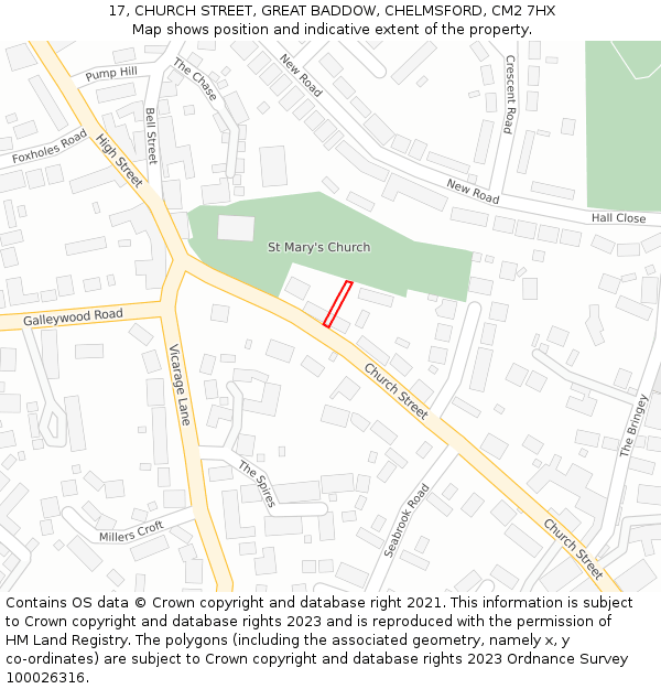 17, CHURCH STREET, GREAT BADDOW, CHELMSFORD, CM2 7HX: Location map and indicative extent of plot