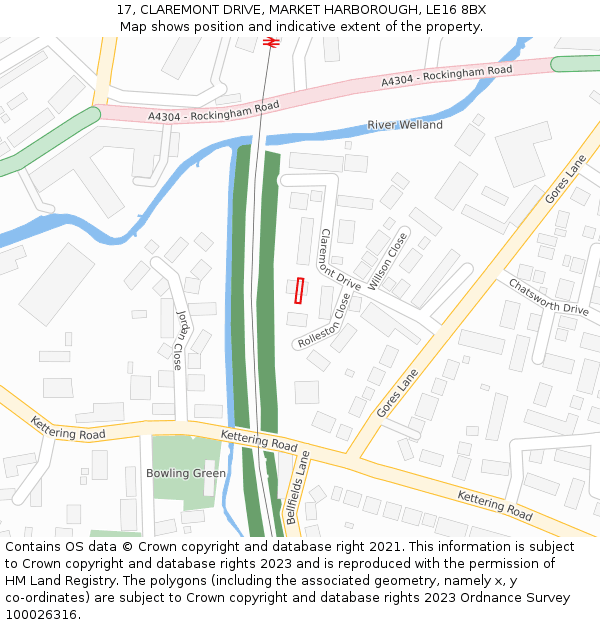 17, CLAREMONT DRIVE, MARKET HARBOROUGH, LE16 8BX: Location map and indicative extent of plot