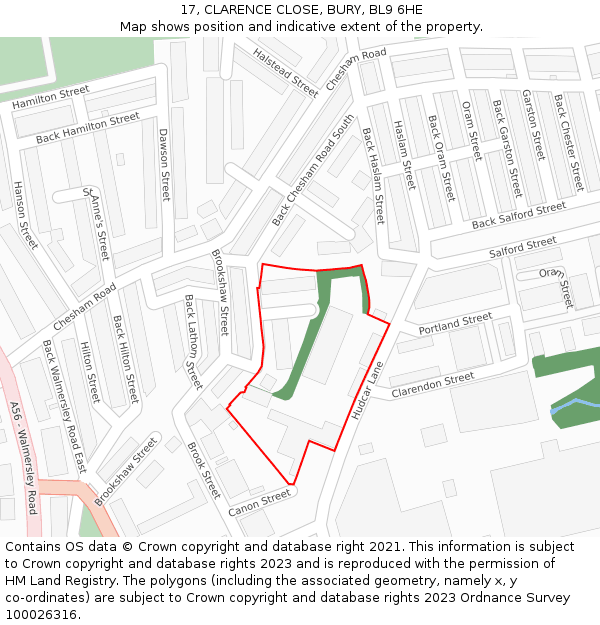 17, CLARENCE CLOSE, BURY, BL9 6HE: Location map and indicative extent of plot