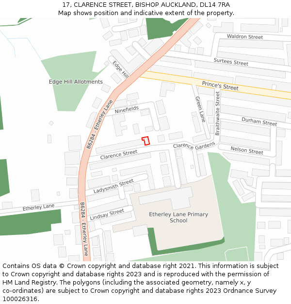 17, CLARENCE STREET, BISHOP AUCKLAND, DL14 7RA: Location map and indicative extent of plot