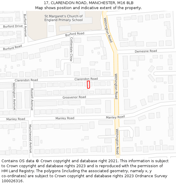 17, CLARENDON ROAD, MANCHESTER, M16 8LB: Location map and indicative extent of plot