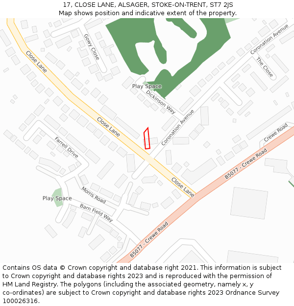 17, CLOSE LANE, ALSAGER, STOKE-ON-TRENT, ST7 2JS: Location map and indicative extent of plot