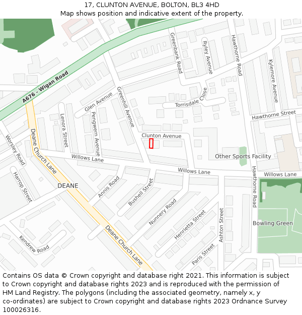 17, CLUNTON AVENUE, BOLTON, BL3 4HD: Location map and indicative extent of plot