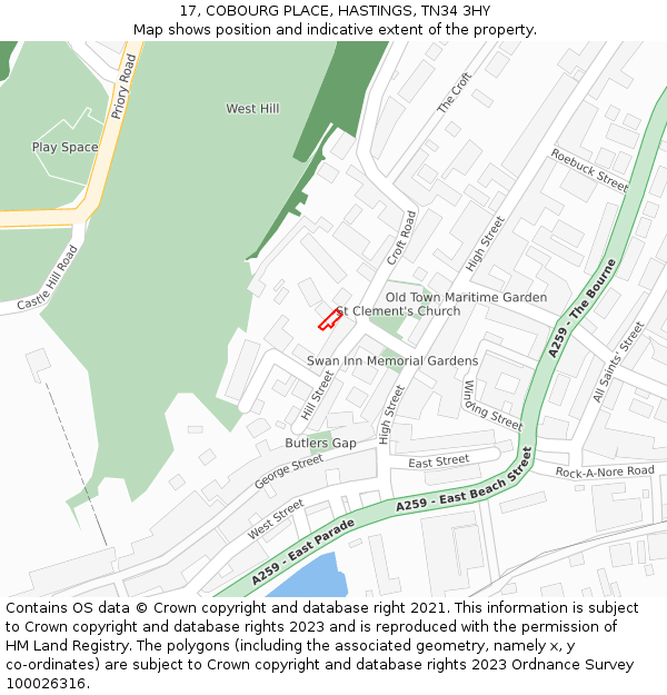 17, COBOURG PLACE, HASTINGS, TN34 3HY: Location map and indicative extent of plot