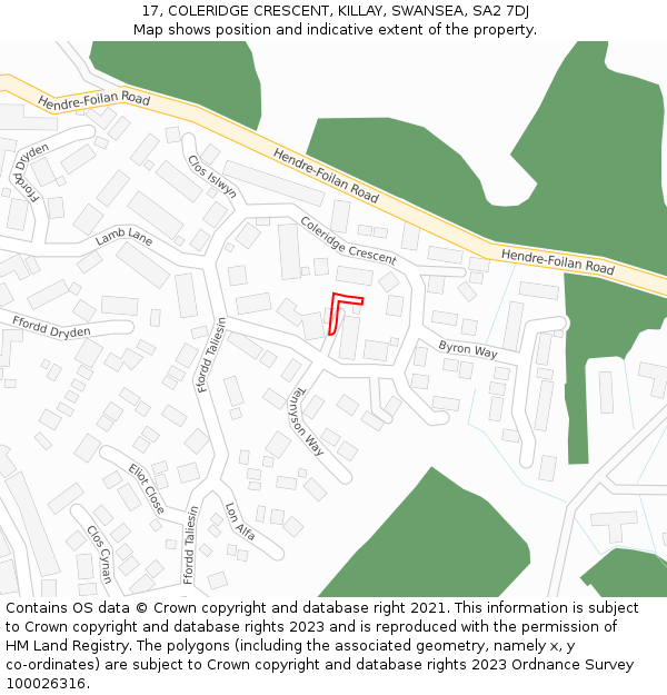 17, COLERIDGE CRESCENT, KILLAY, SWANSEA, SA2 7DJ: Location map and indicative extent of plot