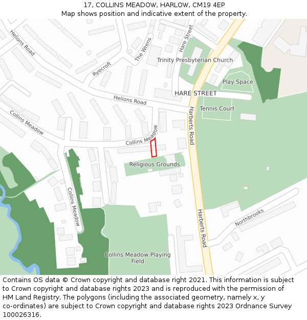 17, COLLINS MEADOW, HARLOW, CM19 4EP: Location map and indicative extent of plot