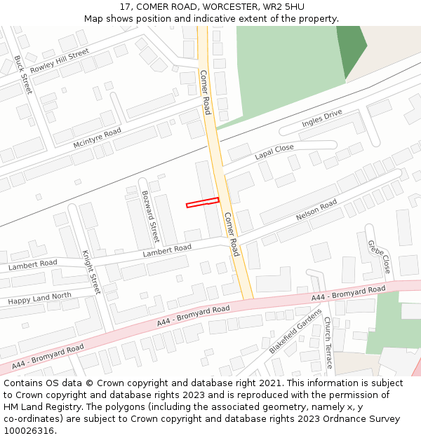 17, COMER ROAD, WORCESTER, WR2 5HU: Location map and indicative extent of plot
