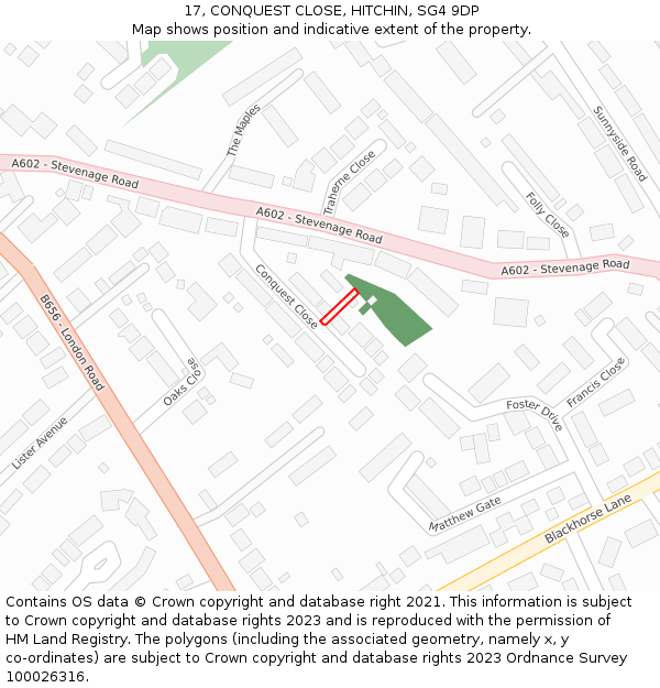 17, CONQUEST CLOSE, HITCHIN, SG4 9DP: Location map and indicative extent of plot