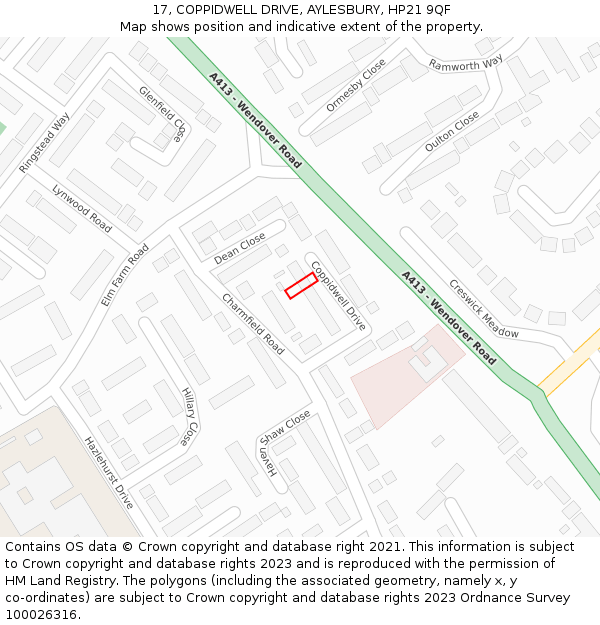 17, COPPIDWELL DRIVE, AYLESBURY, HP21 9QF: Location map and indicative extent of plot