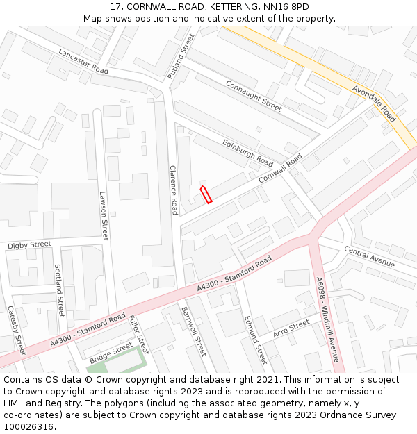 17, CORNWALL ROAD, KETTERING, NN16 8PD: Location map and indicative extent of plot