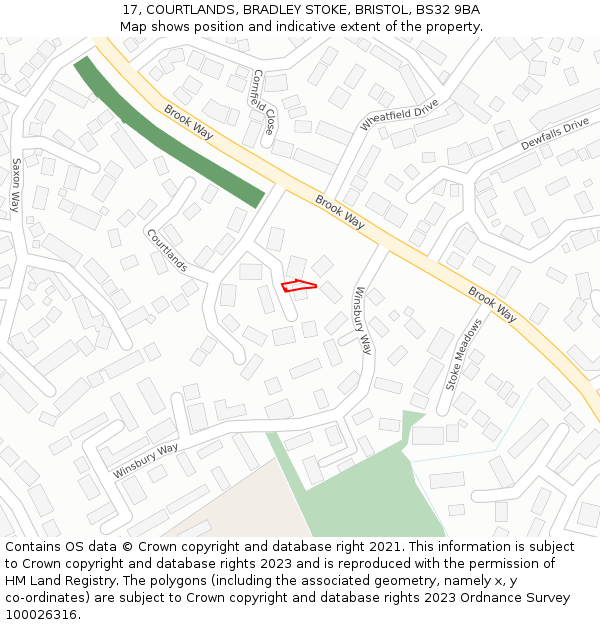 17, COURTLANDS, BRADLEY STOKE, BRISTOL, BS32 9BA: Location map and indicative extent of plot
