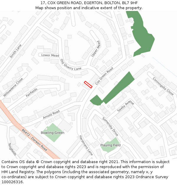17, COX GREEN ROAD, EGERTON, BOLTON, BL7 9HF: Location map and indicative extent of plot
