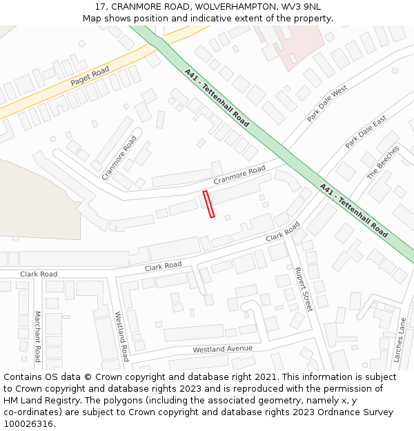 17, CRANMORE ROAD, WOLVERHAMPTON, WV3 9NL: Location map and indicative extent of plot