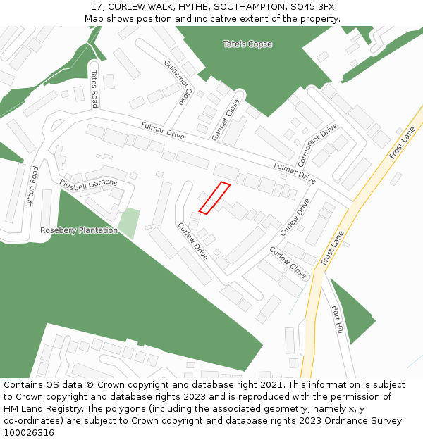 17, CURLEW WALK, HYTHE, SOUTHAMPTON, SO45 3FX: Location map and indicative extent of plot