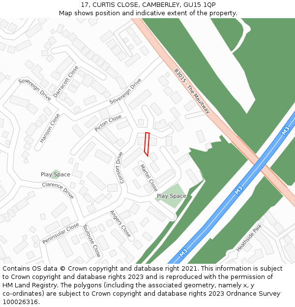 17, CURTIS CLOSE, CAMBERLEY, GU15 1QP: Location map and indicative extent of plot